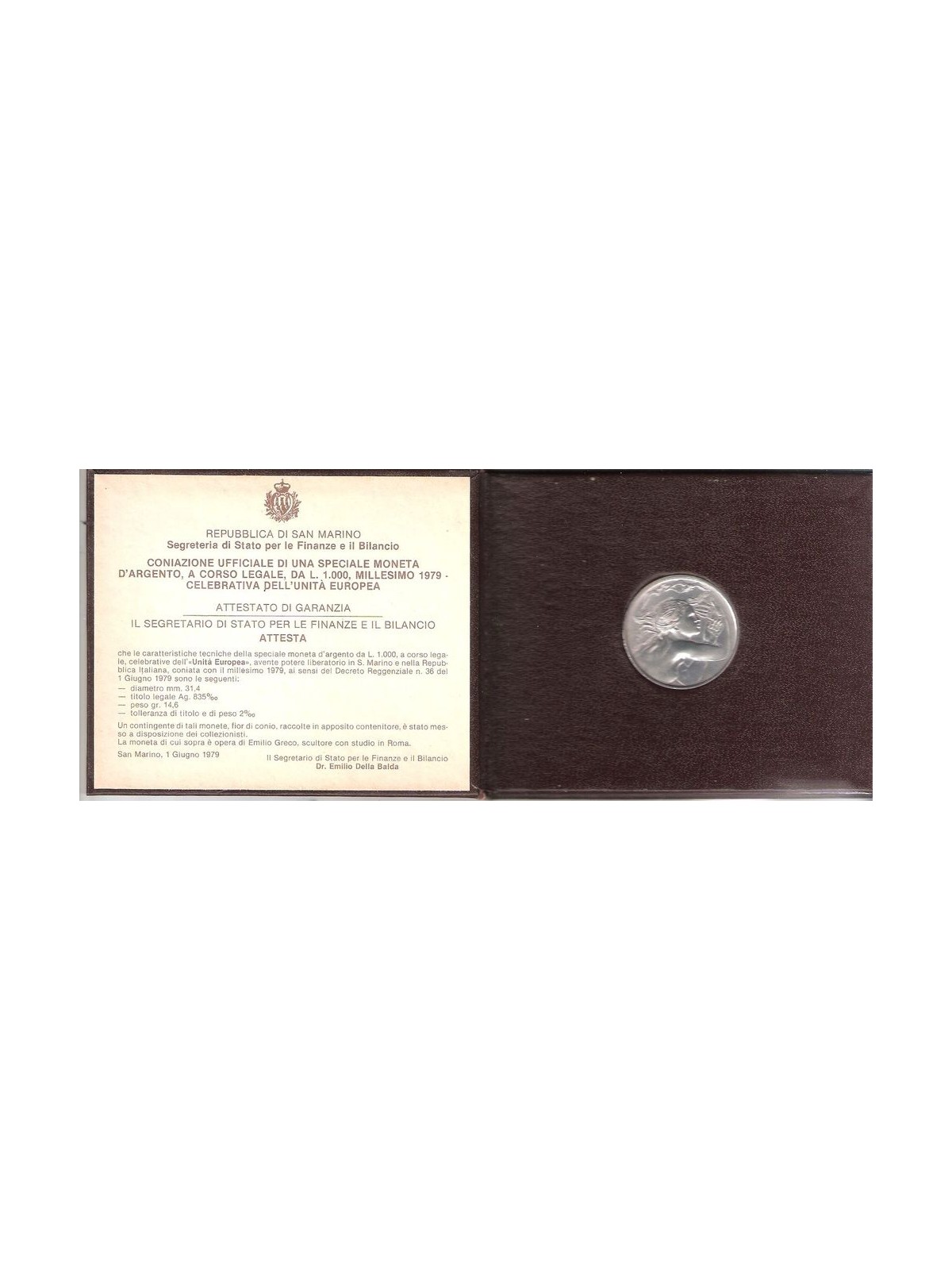SAN MARINO 1979 United Europe, £1000 Silver Coin UNC