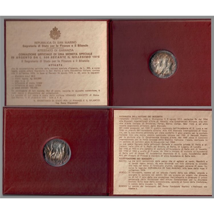SAN MARINO 1976 Social Security, £500 Silver Coin UNC