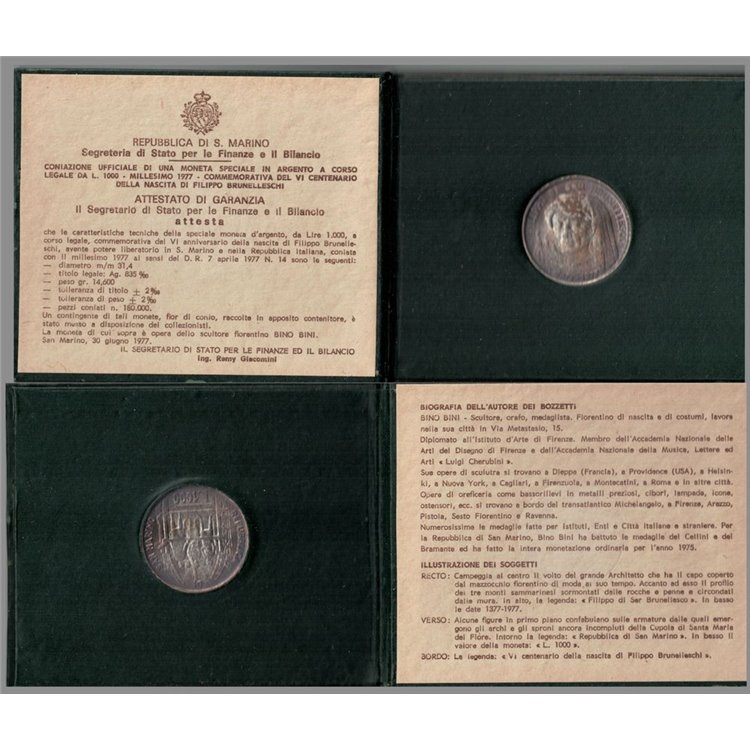 SAN MARINO 1977 Filippo Brunelleschi, £1000 Silver Coin UNC