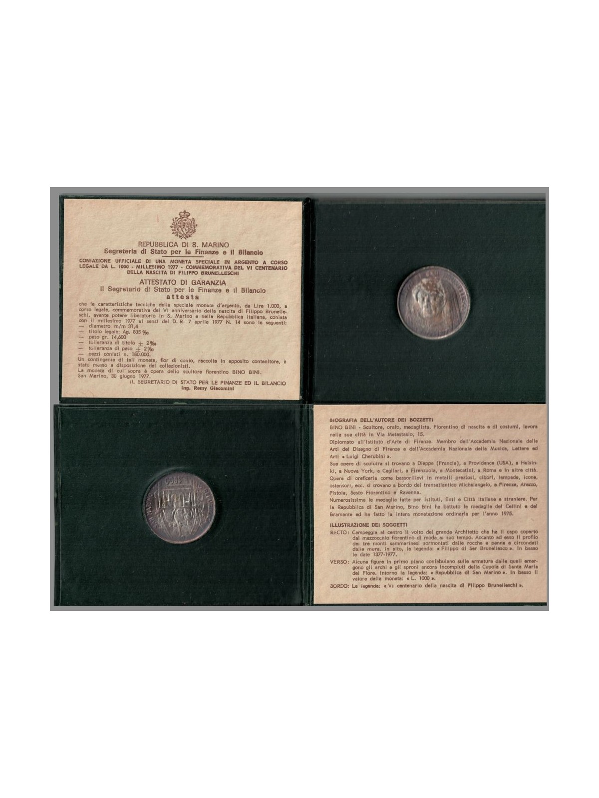 SAN MARINO 1977 Filippo Brunelleschi, £1000 Silver Coin UNC