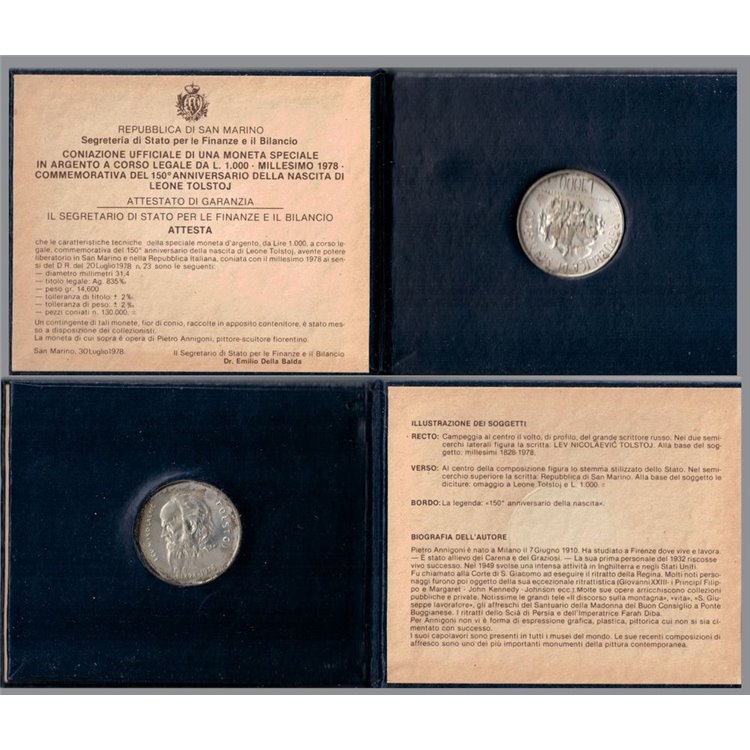SAN MARINO 1978 Leo Tolstoy, £1000 Silver Coin UNC
