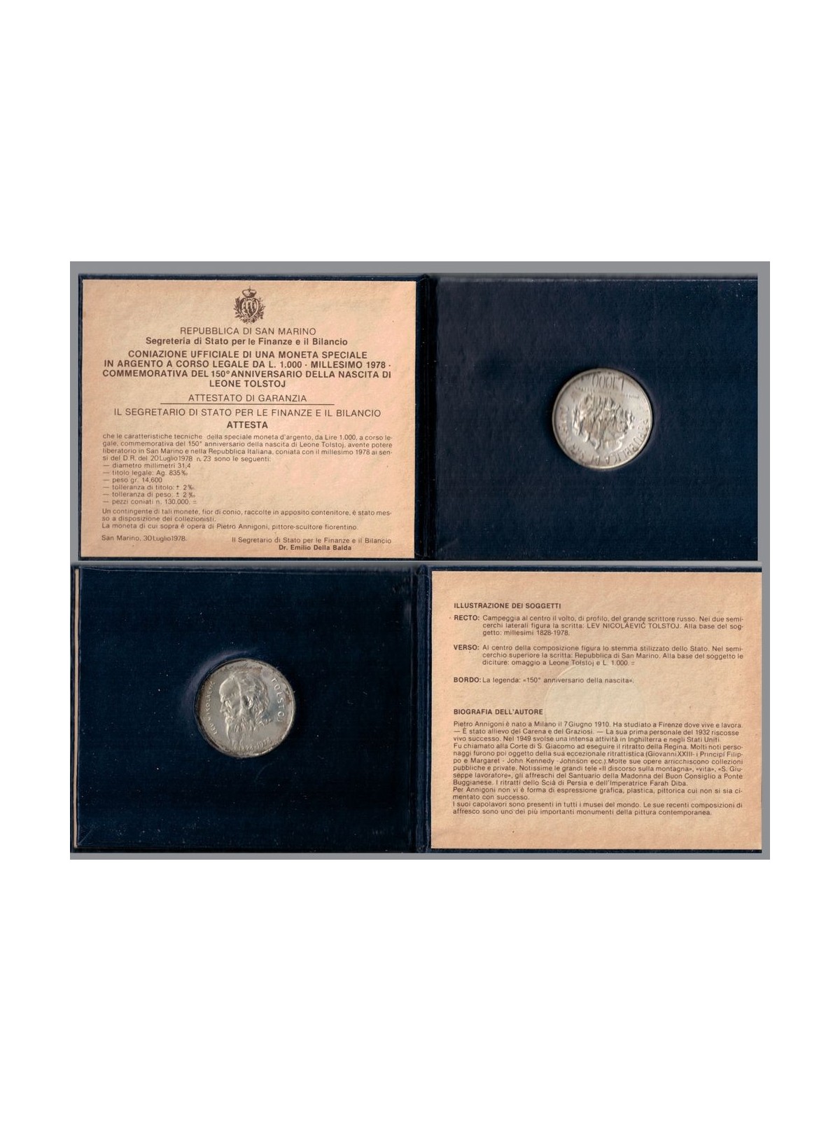 SAN MARINO 1978 Leone Tolstoj, Moneta da 1000 £ in argento FDC