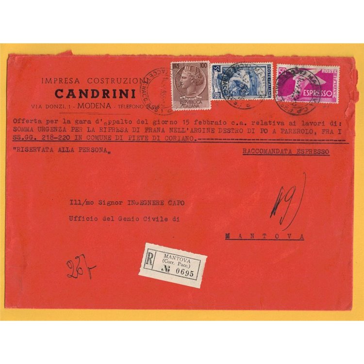 RACCOMANDATA ESPRESSO DEL 1956 SIRACUSANA E ITALIA AL LAVORO