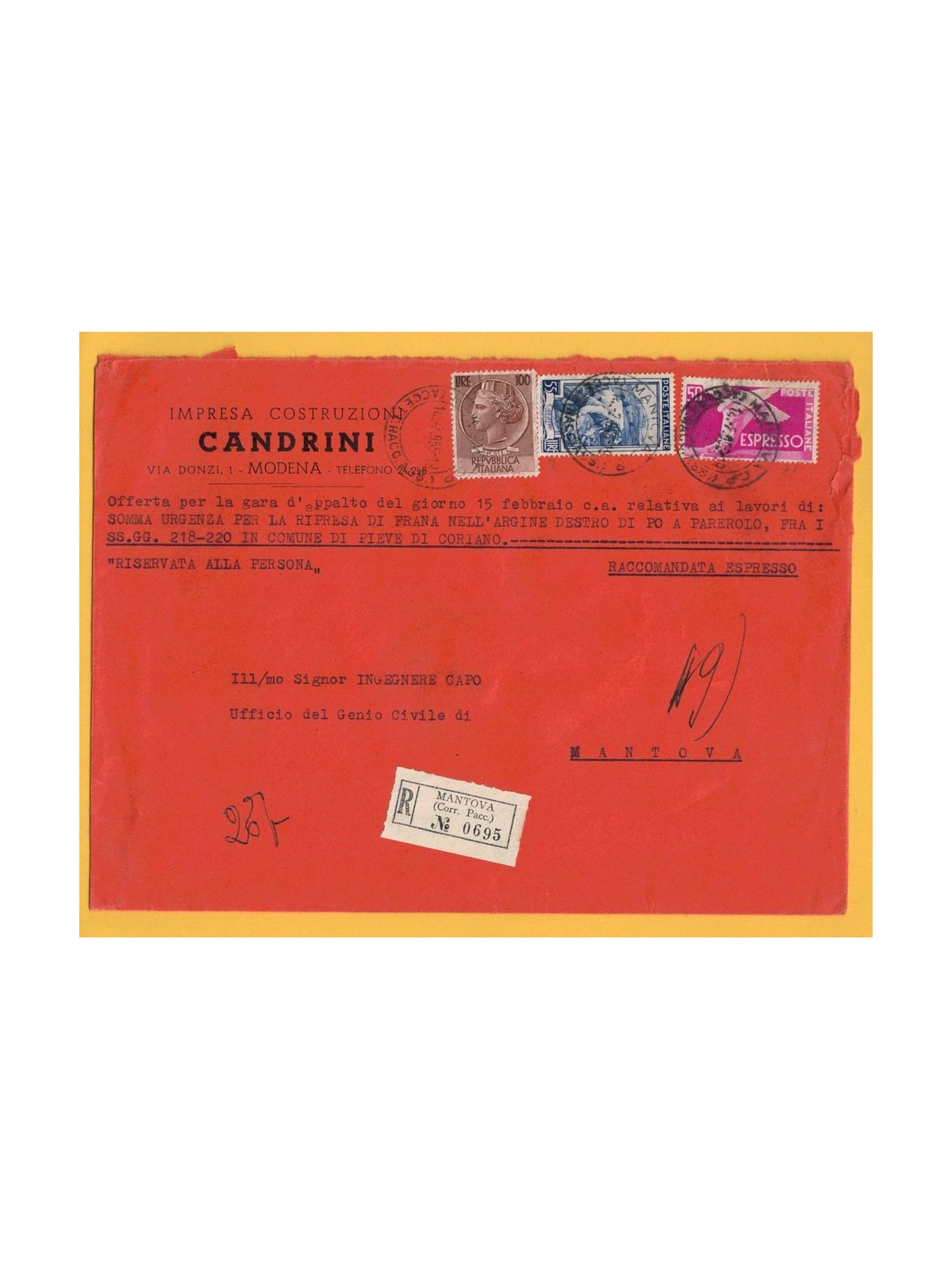RACCOMANDATA ESPRESSO DEL 1956 SIRACUSANA E ITALIA AL LAVORO