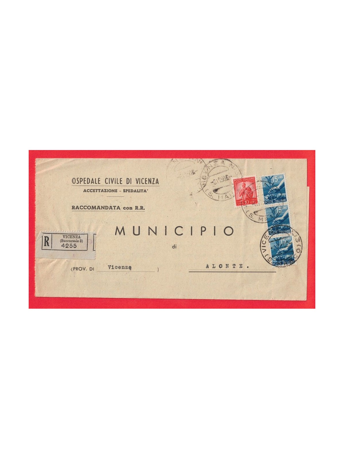 REGISTERED LETTER FROM 1950 DEMOCRATIC 1x£10 + 3x£15