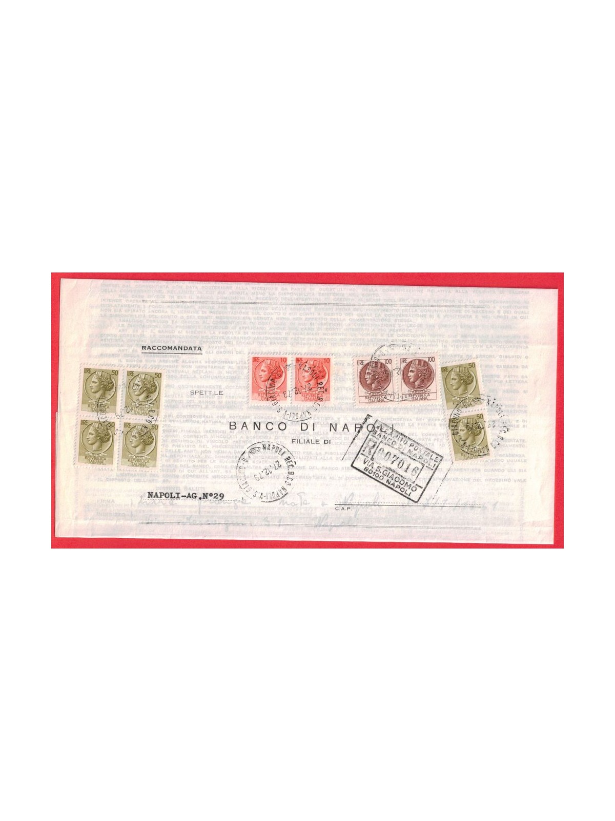 RACCOMANDATA DEL 1979 SIRACUSANA 2x£10 + 6x£50 + 2x£100