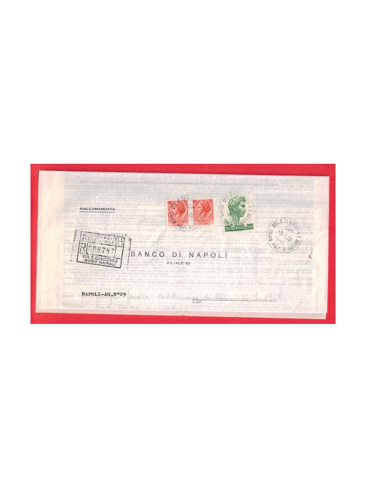REGISTERED LETTER FROM 1980 SIRACUSANA + SAN GIORGIO 2x£10 + £500