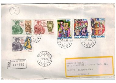 VATICAN 1985 Registered letter St Methodius and St Thomas More