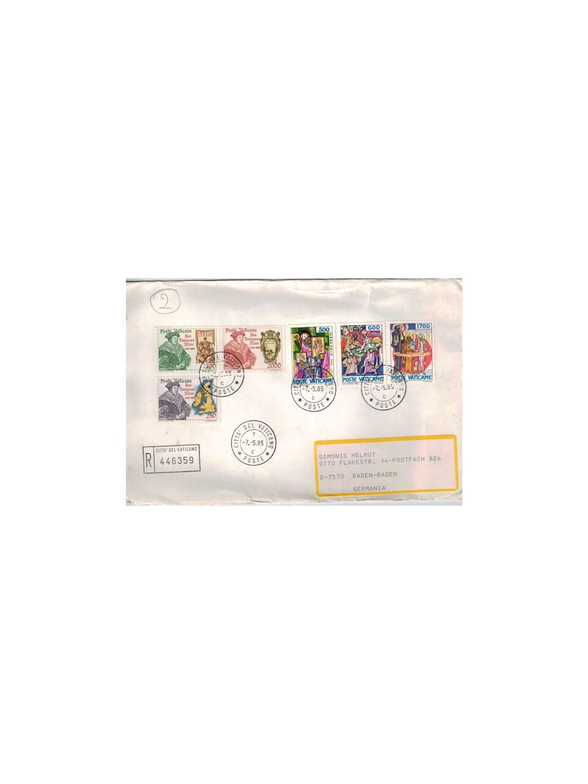 VATICAN 1985 Registered letter St Methodius and St Thomas More