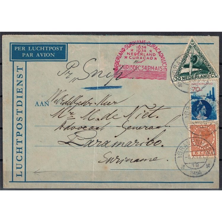 OLANDA 1934 Volo speciale da Gravenhage a Paramaribo (Suriname - Curacao)