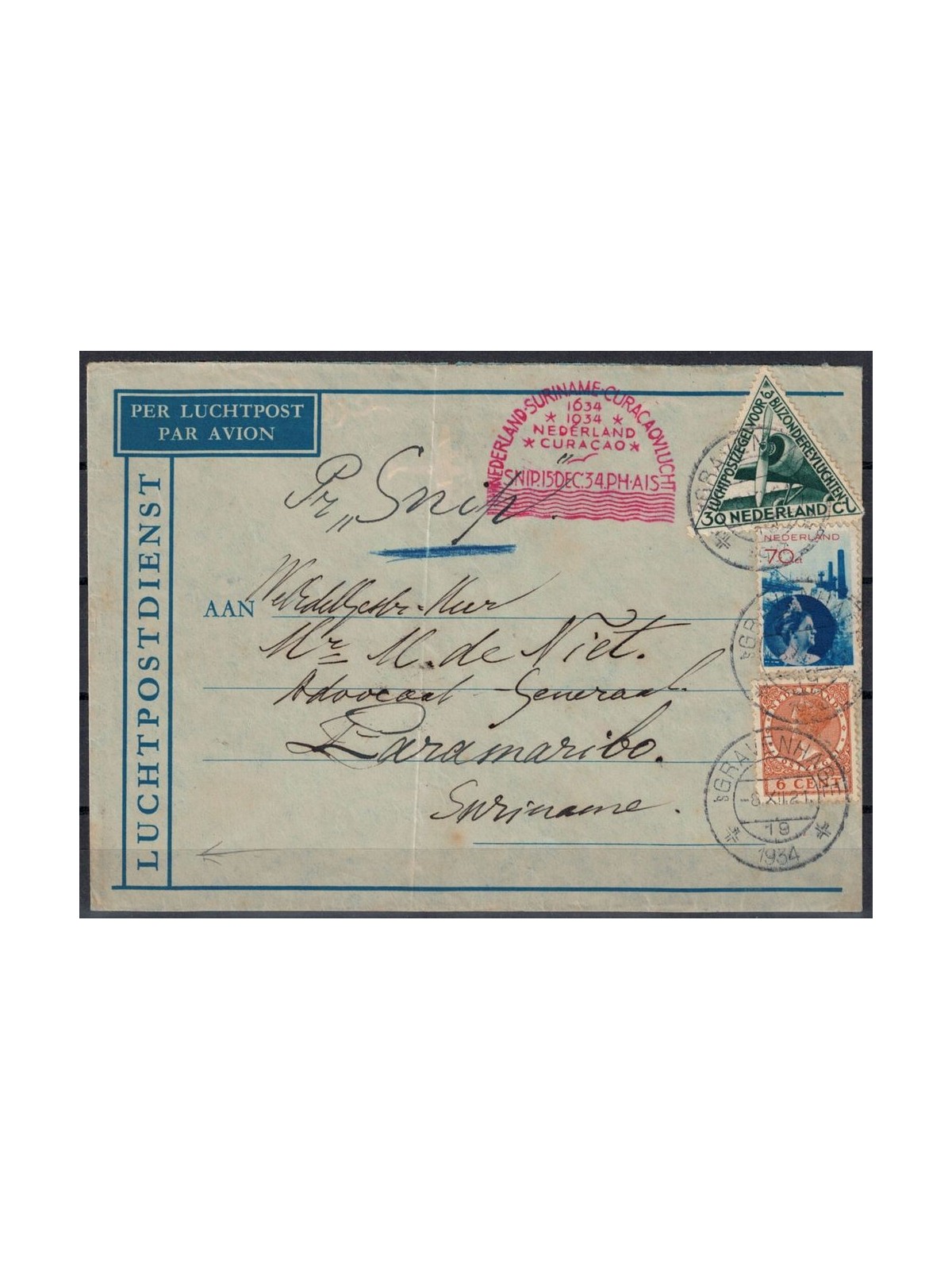 NETHERLANDS 1934 Special flight from The Hague to Paramaribo (Suriname - Curacao)