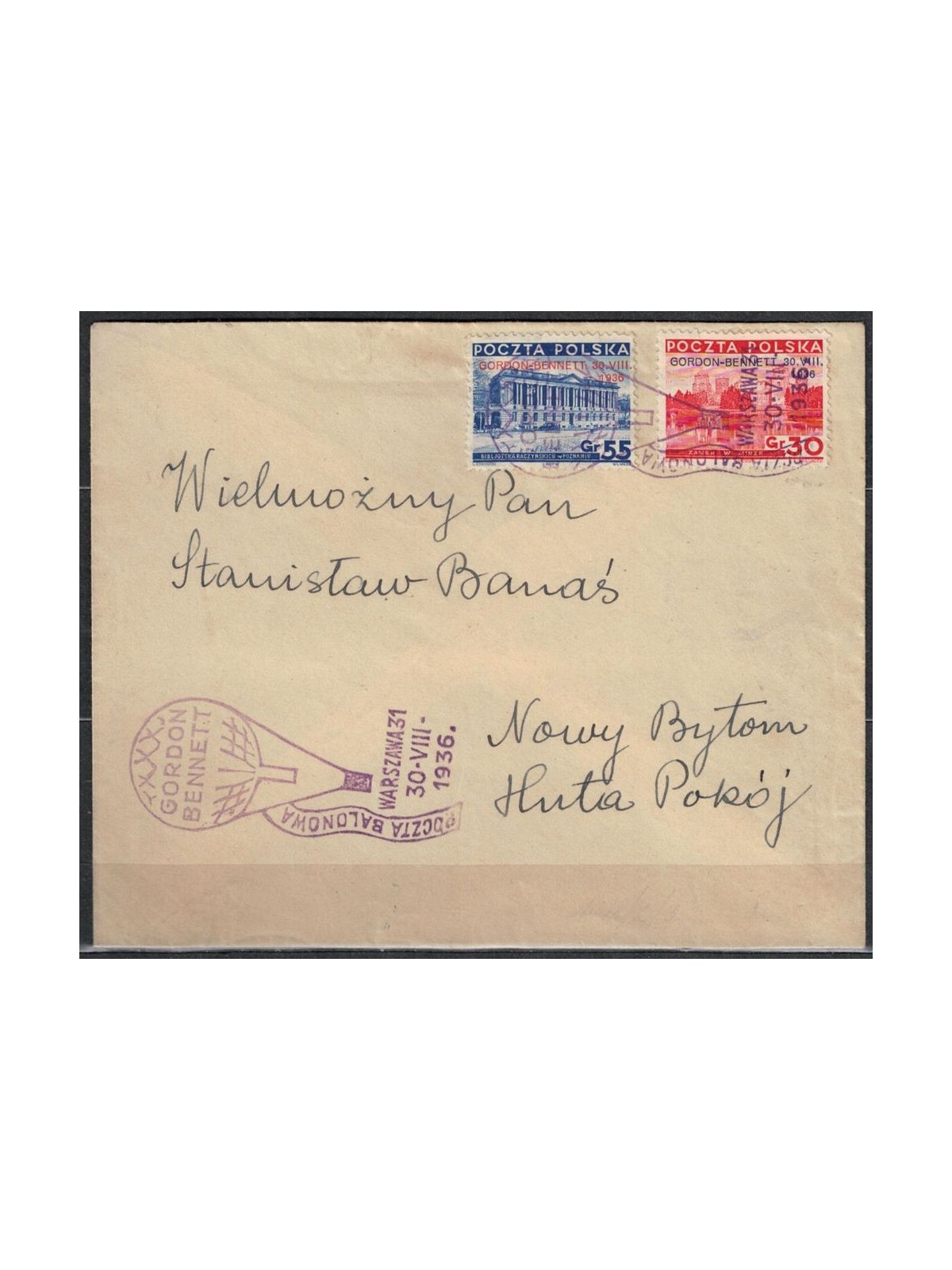 POLONIA 1936 Balloon Mail, Gordon Bennett