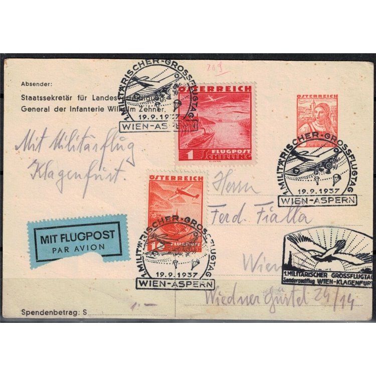 AUSTRIA 1937 Postcard dropped by parachute and transported by military flight