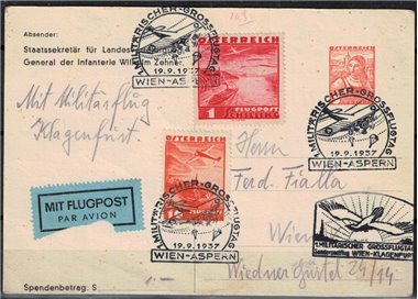 AUSTRIA 1937 Cartolina paracadutata e trasportata con volo militare