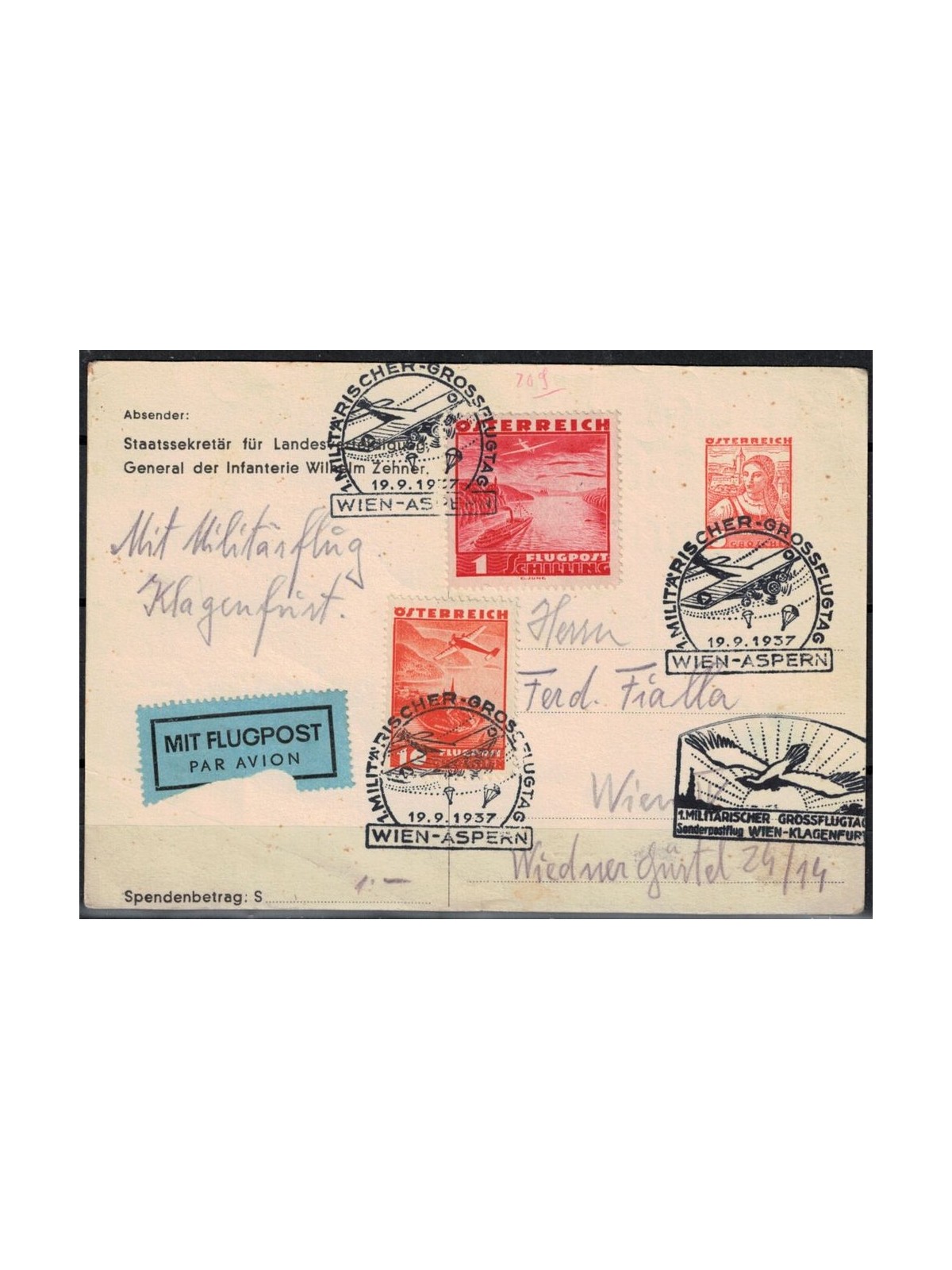 AUSTRIA 1937 Postcard dropped by parachute and transported by military flight