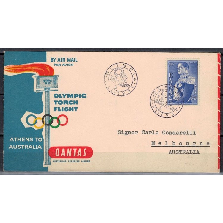 GRECIA 1956 Volo speciale per il trasporto della torcia olimpica da Atene a Melbourn