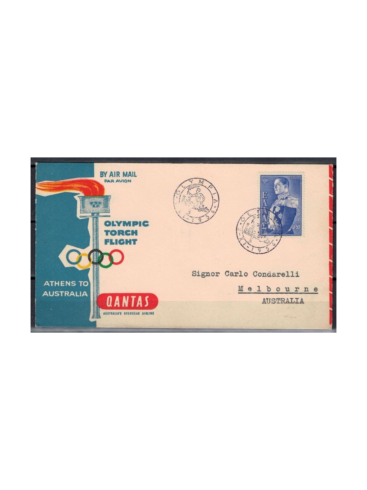 GRECIA 1956 Volo speciale per il trasporto della torcia olimpica da Atene a Melbourn