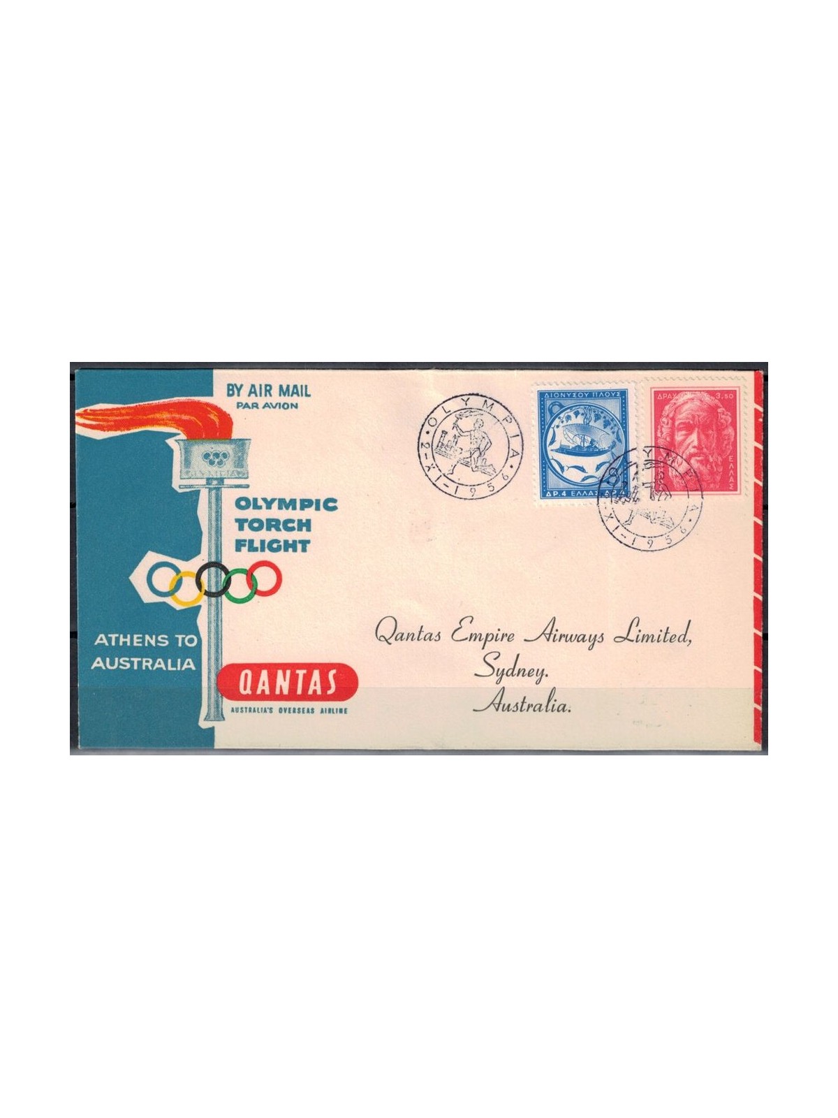 GREECE 1956 Special flight to transport the Olympic torch (Qantas)