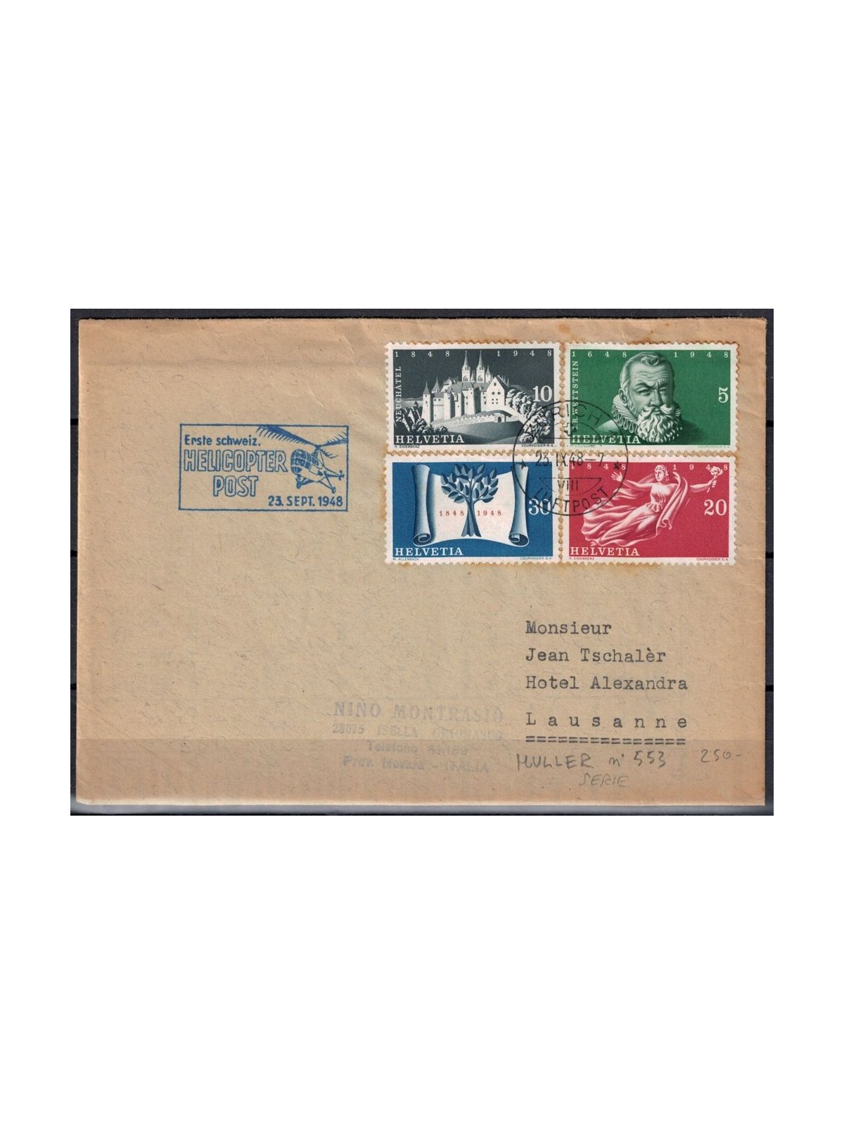 SVIZZERA 1948 1° collegamento postale con elicottero da Zurigo a Losanna