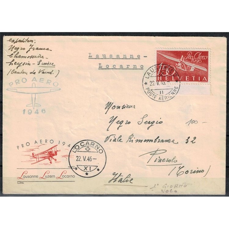 SVIZZERA 1946 1° volo Swiss Air da Losanna a Locarno via Lucerna