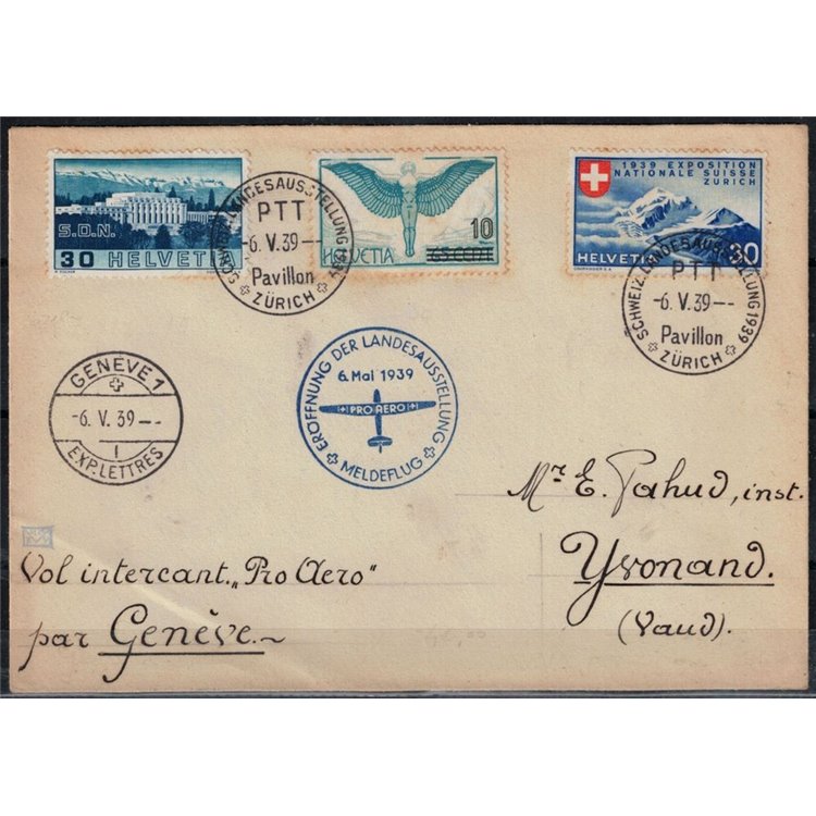 SVIZZERA 1939 Volo speciale da Zurigo a Yvonand per le manifestazioni aviatorie di Zurigo