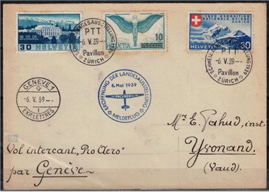 SVIZZERA 1939 Volo speciale da Zurigo a Yvonand per le manifestazioni aviatorie di Zurigo