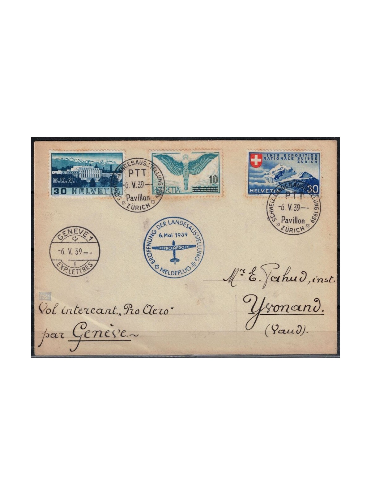 SWITZERLAND 1939 Special flight from Zurich to Yvonand for the Zurich Air Show
