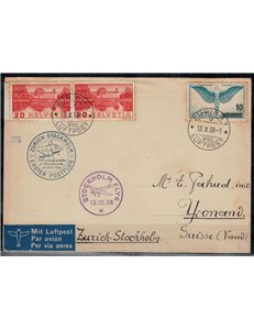 SWITZERLAND 1938 Letter from Zurich to Yvonand carried on the first Zurich-Stockholm flight