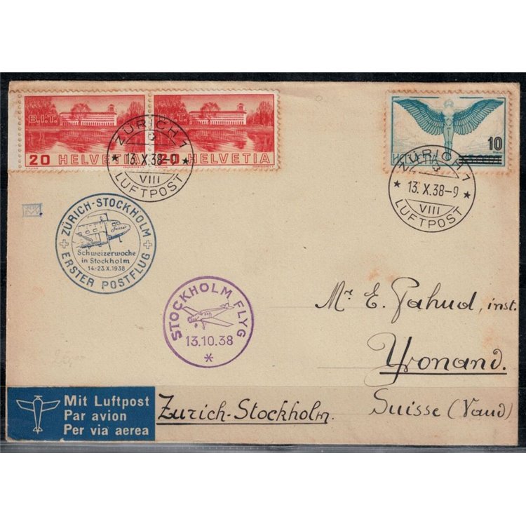 SVIZZERA 1938 Lettera da Zurigo per Yvonand viaggiata su 1° volo Zurigo - Stoccolma
