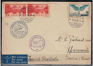 SWITZERLAND 1938 Letter from Zurich to Yvonand carried on the first Zurich-Stockholm flight