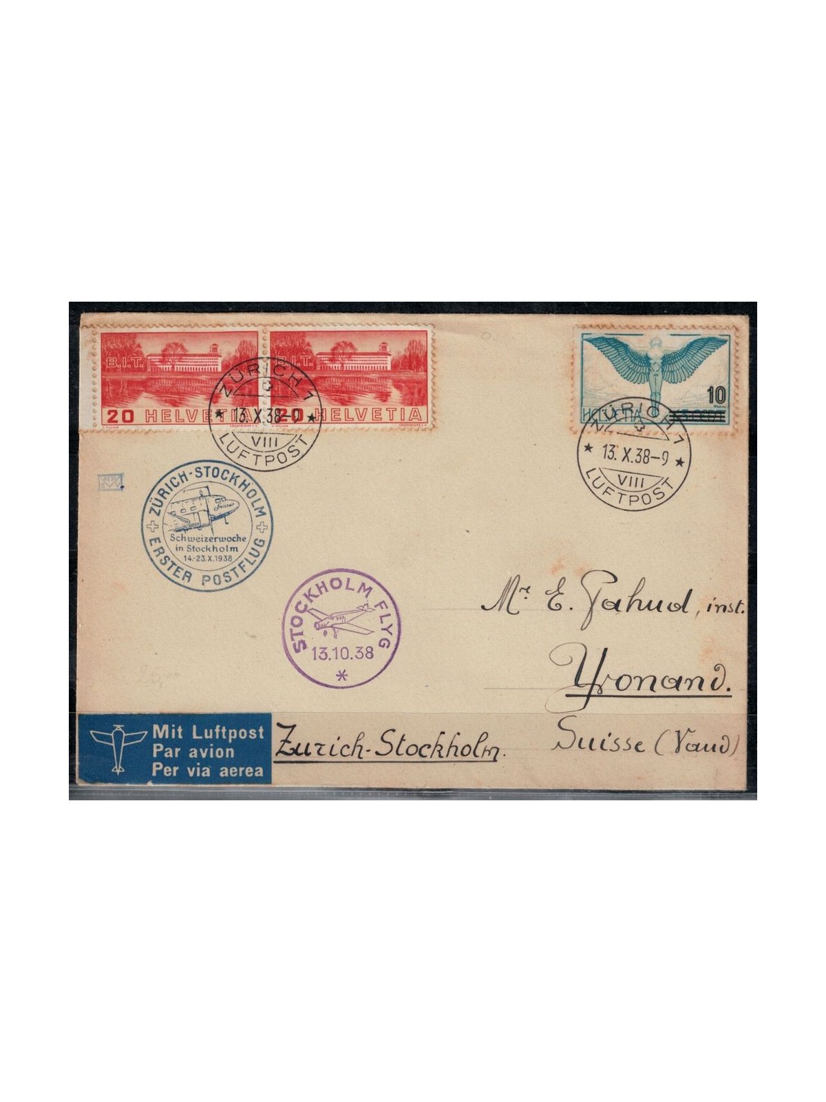 SVIZZERA 1938 Lettera da Zurigo per Yvonand viaggiata su 1° volo Zurigo - Stoccolma