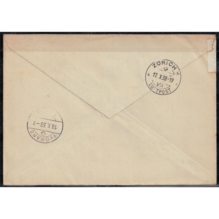 SVIZZERA 1938 Lettera da Zurigo per Yvonand viaggiata su 1° volo Zurigo - Stoccolma