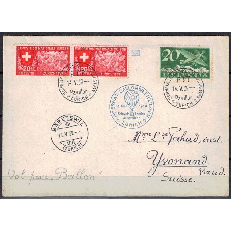 SWITZERLAND 1939 Balloon Mail – first Zurich-Yvonand flight by hot-air balloon