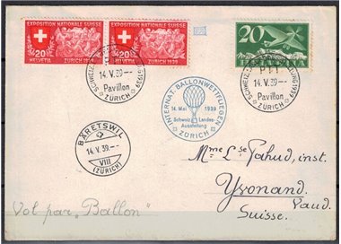 SVIZZERA 1939 Balloon Mail - 1° volo Zurigo-Yvonand con mongolfiera