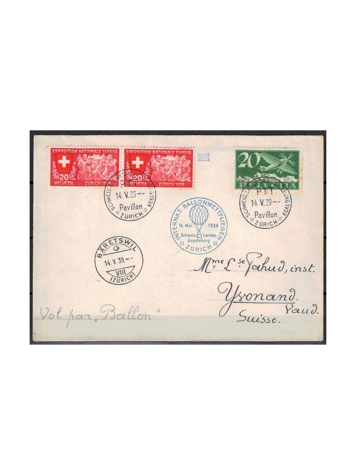 SVIZZERA 1939 Balloon Mail - 1° volo Zurigo-Yvonand con mongolfiera