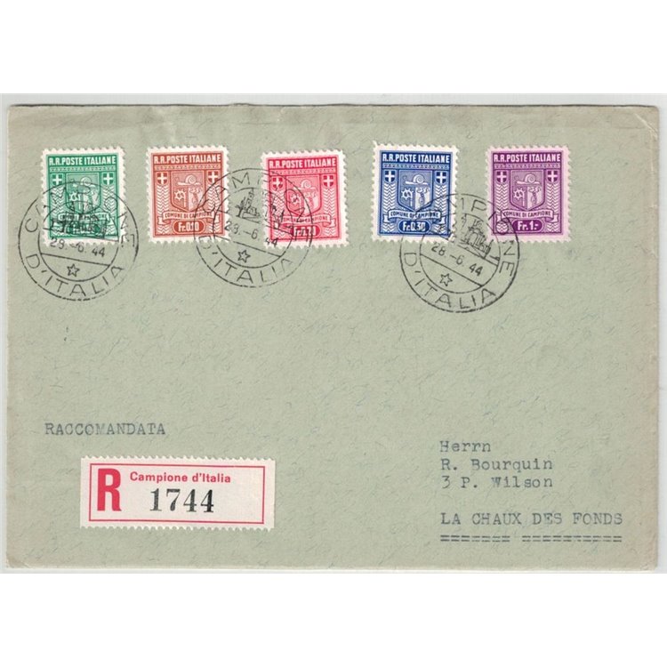CAMPIONE 1944 Stemma del Comune - FDC Viaggiata per raccomandata