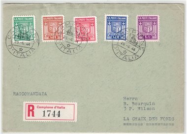 CAMPIONE 1944 Coat of arms of the municipality - FDC Sent by registered mail