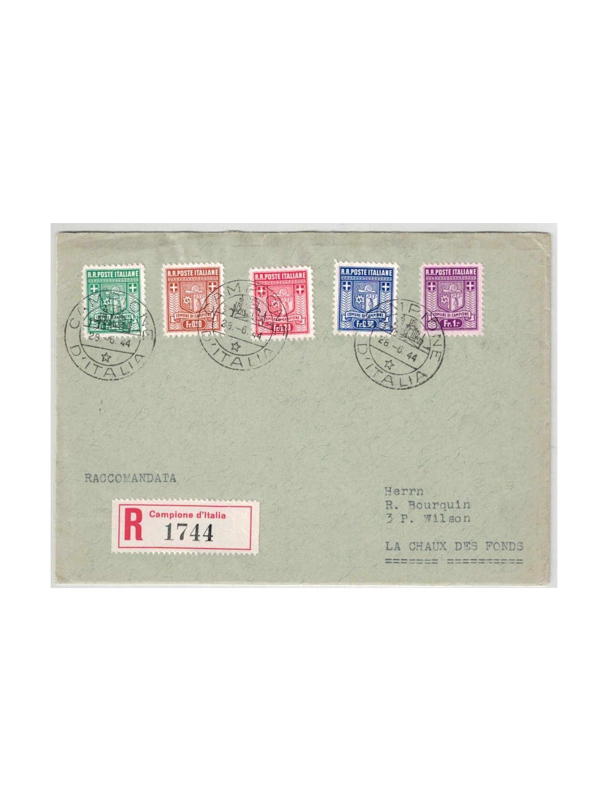 CAMPIONE 1944 Stemma del Comune - FDC Viaggiata per raccomandata