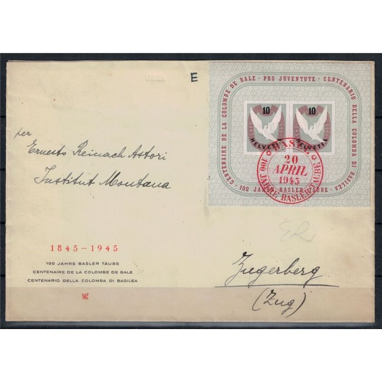 SWITZERLAND 1945 Centenary of the Basel Dove envelope with red cancellation