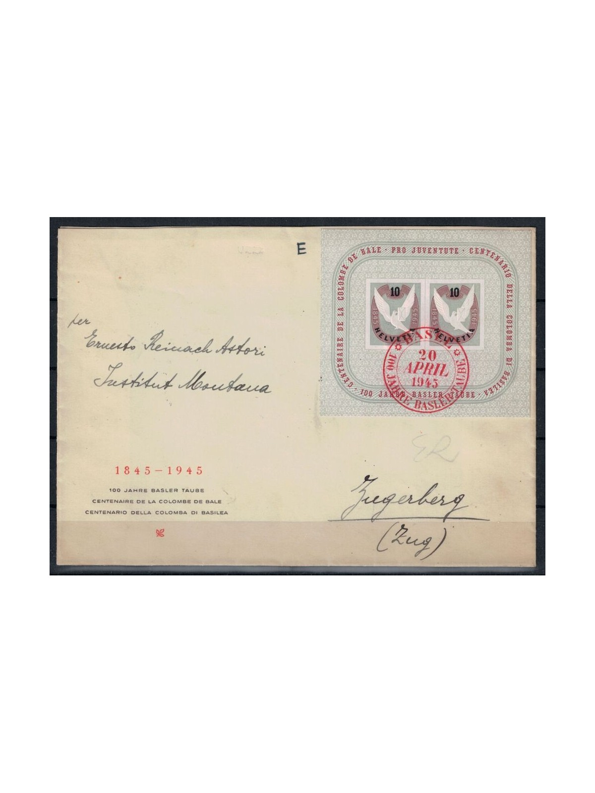 SWITZERLAND 1945 Centenary of the Basel Dove envelope with red cancellation