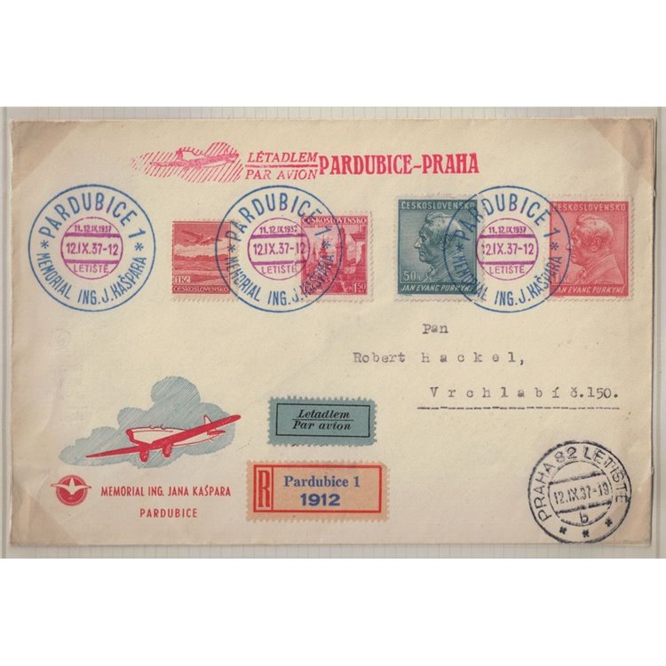 CZECHOSLOVAKIA 1937 Pardubice-Prague flight in memory of Jana Kaspara