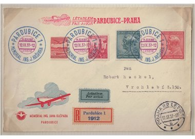 CZECHOSLOVAKIA 1937 Pardubice-Prague flight in memory of Jana Kaspara