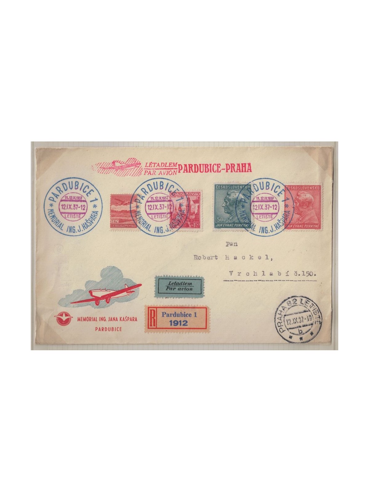 CZECHOSLOVAKIA 1937 Pardubice-Prague flight in memory of Jana Kaspara