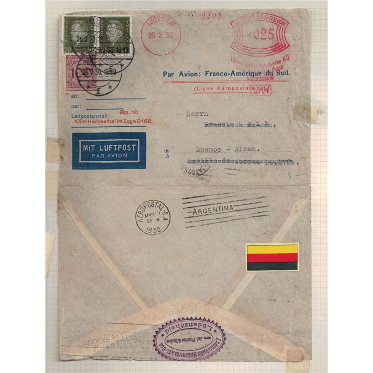 GERMANY 1930 Letter sent by air from Ludenscheid to Buenos Aires