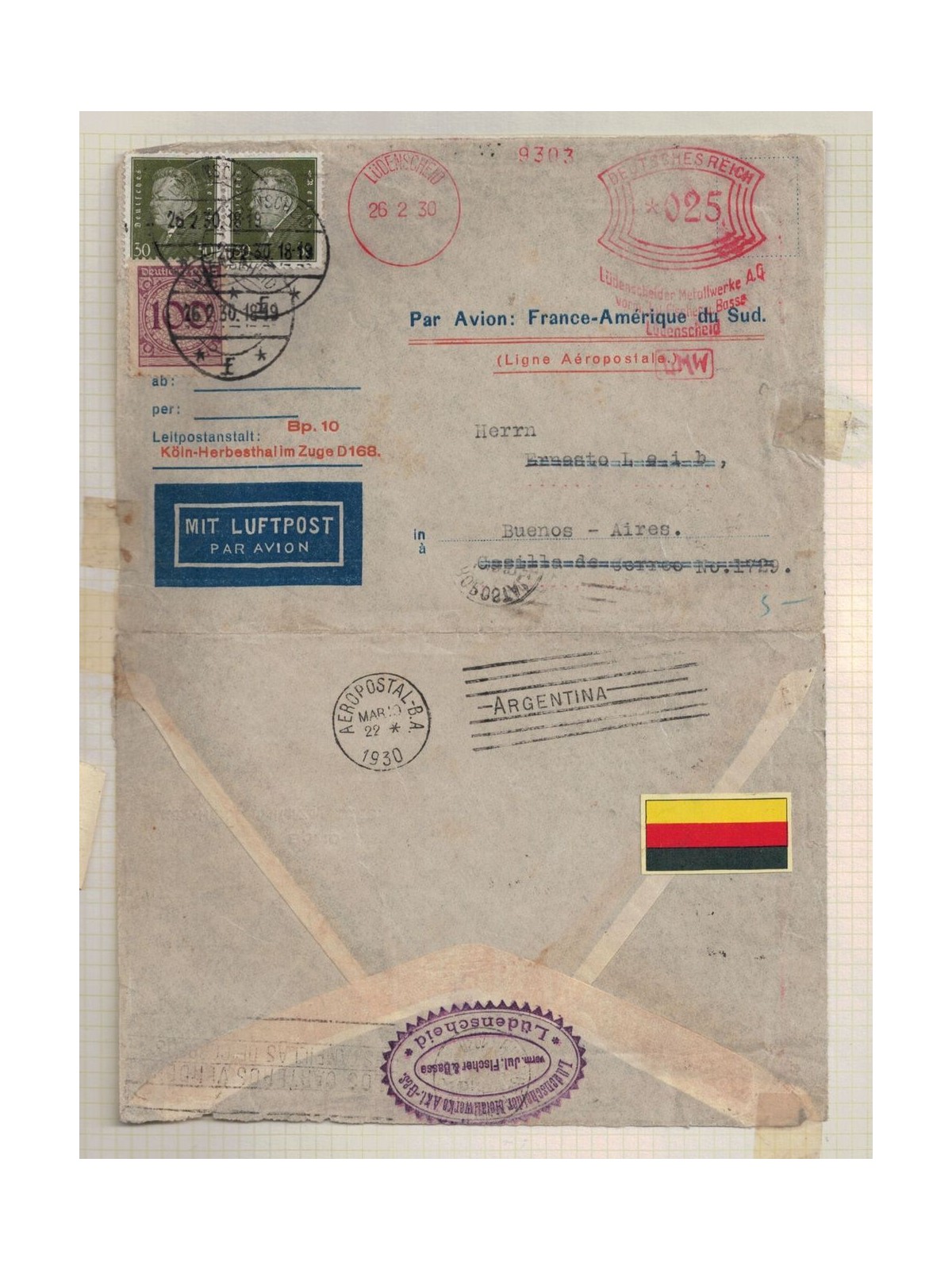 GERMANIA 1930 Lettera viaggiata per via aerea da Ludenscheid a Buenos Aires