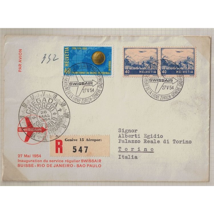 SVIZZERA 1954 1° Volo Swissair Zurigo-Ginevra-Rio de Janeiro-San Paolo