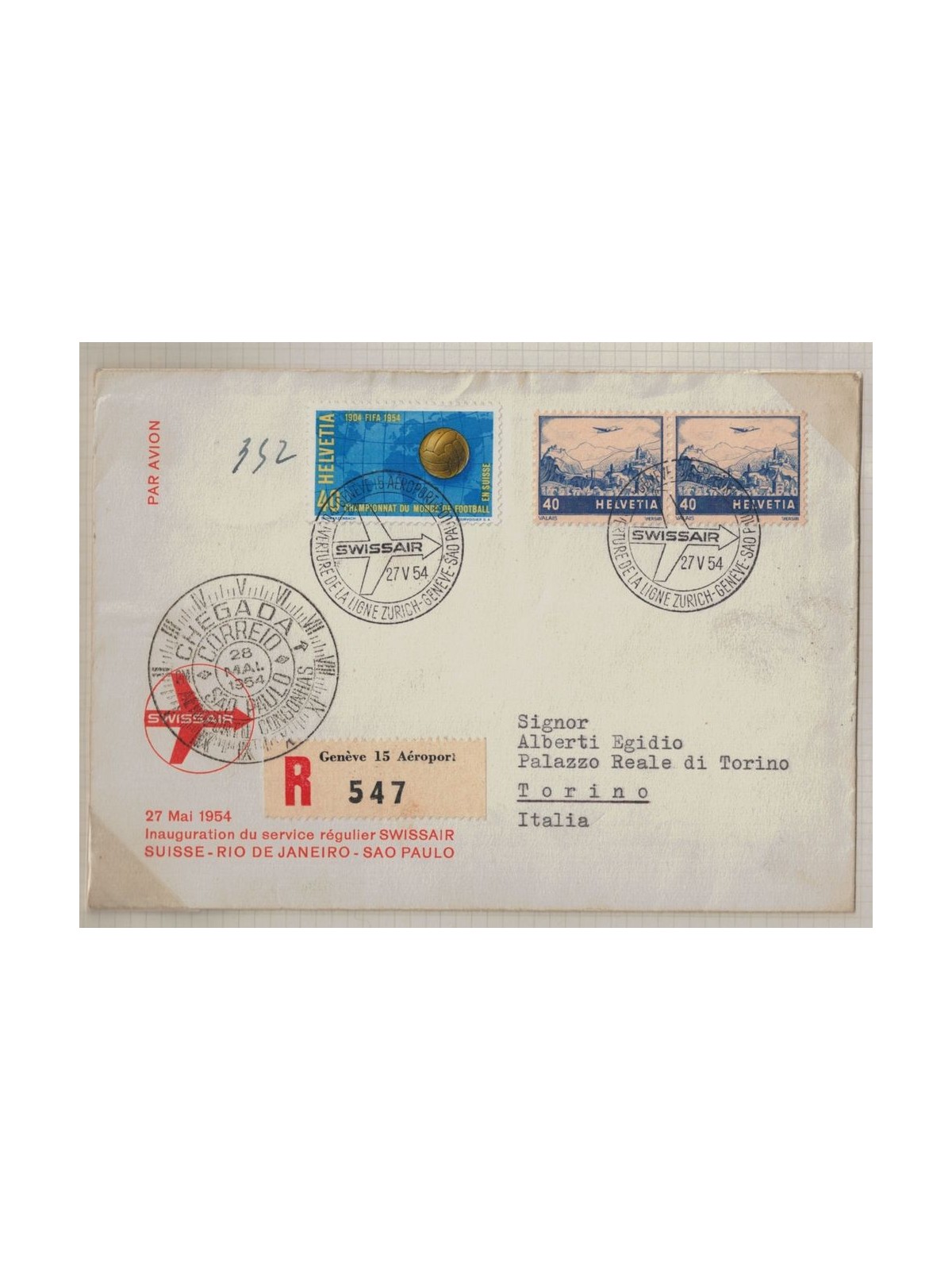 SWITZERLAND 1954 1st Swissair flight Zurich-Geneva-Rio de Janeiro-São Paulo