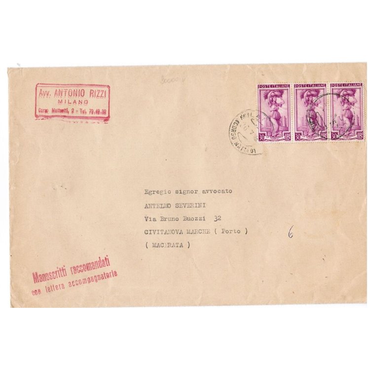 ITALIA 1952 Raccomandata affrancata con il 30 lire dell'Italia al Lavoro