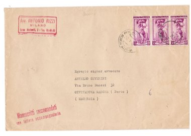 ITALIA 1952 Raccomandata affrancata con il 30 lire dell'Italia al Lavoro