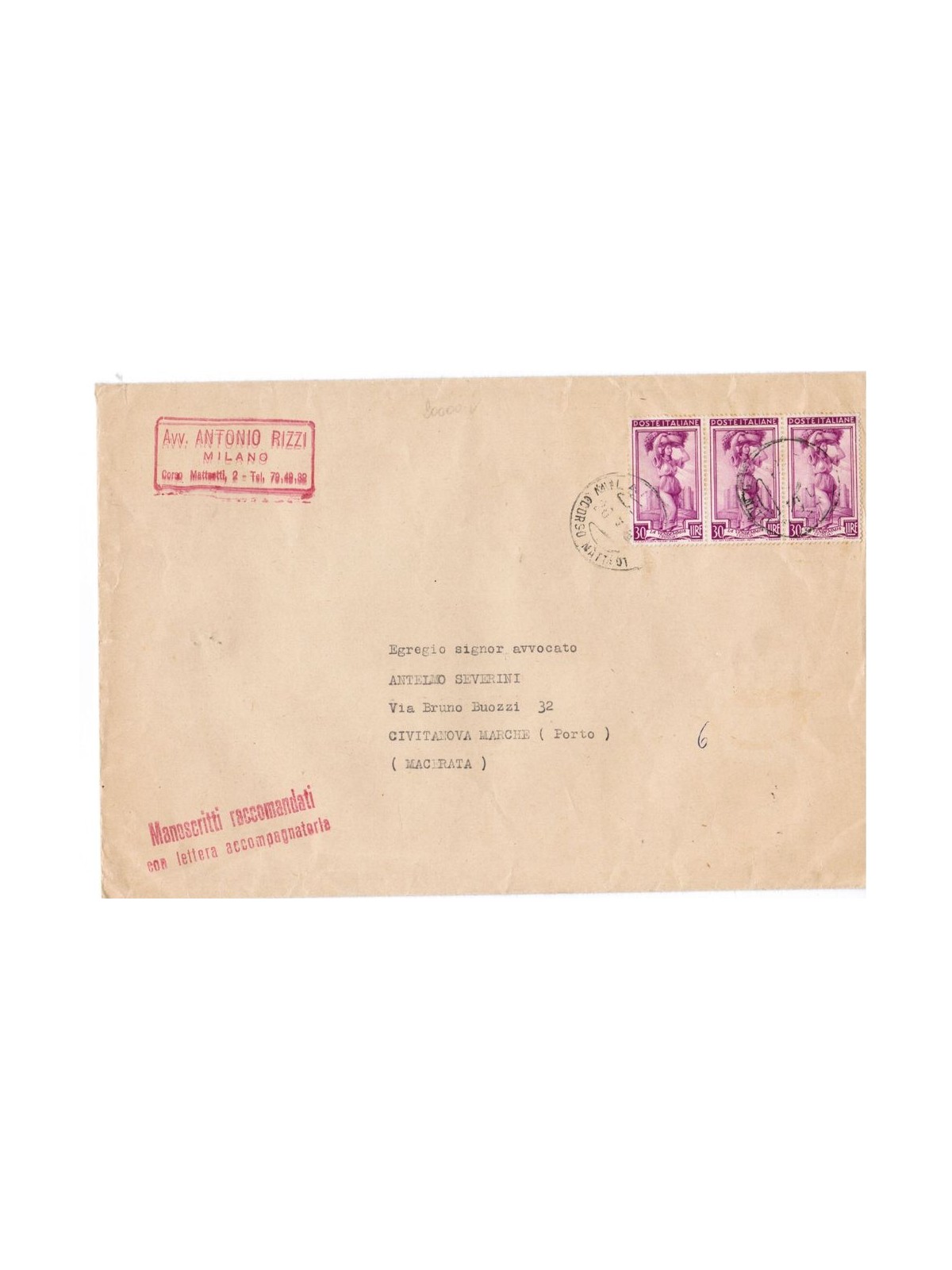 ITALY 1952 Registered mail stamped with the 30 lire Italy at Work stamp